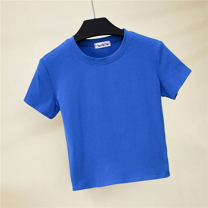 2023 Summer Crop Tops Women T-Shirt Casual Turtleneck Tee Shirt Woman Solid Cotton T Shirt Short Sleeve Top Tees Slim T-shirt