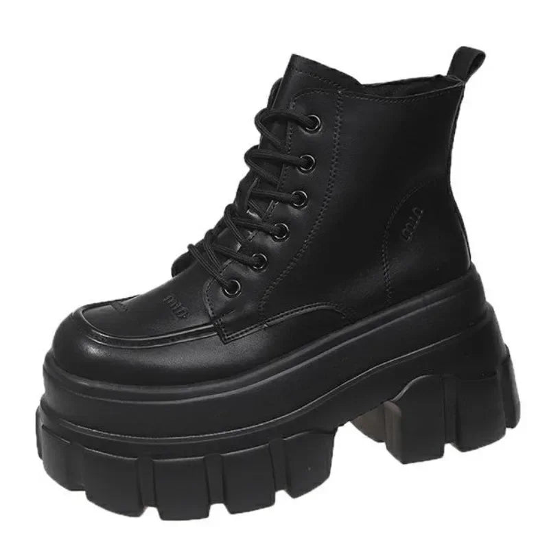 9CM Autumn High Platform Leather Boots Wedge Heels Ankle Boots Winter Women Lace-up Warm Shoes Motorcycle Chunky Sneakers Woman