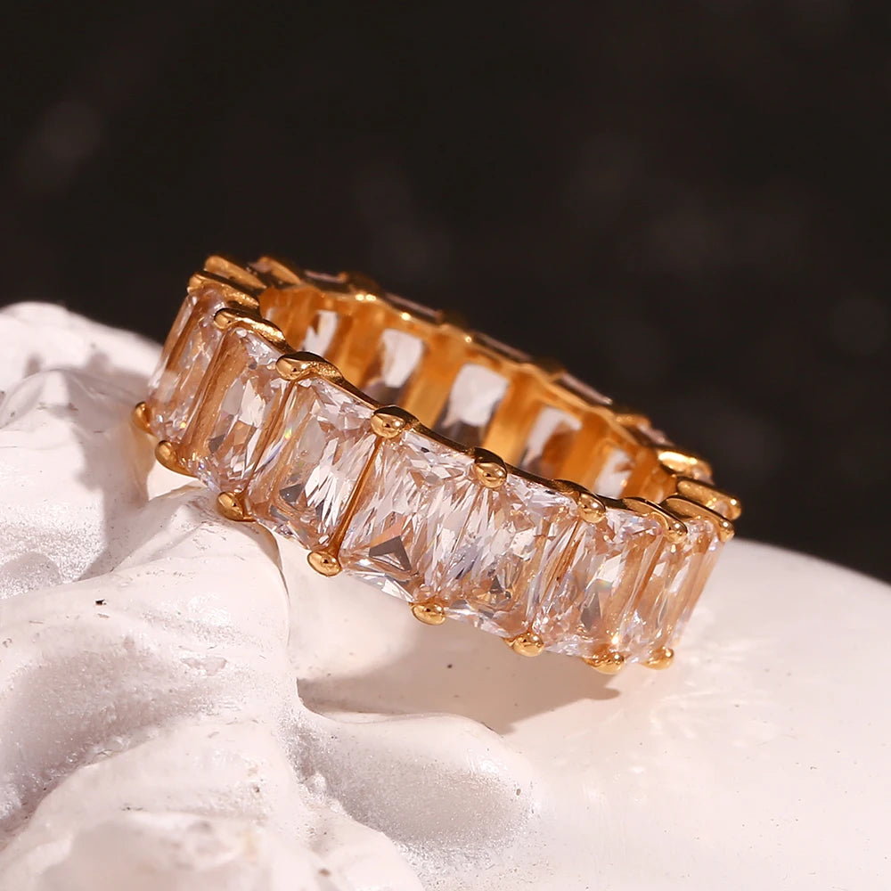 E.B.belle Tarnish Free 18K Gold Plated Shiny Square Zircon Ring 316L Stainless Steel Transparent Waterproof Women's ring
