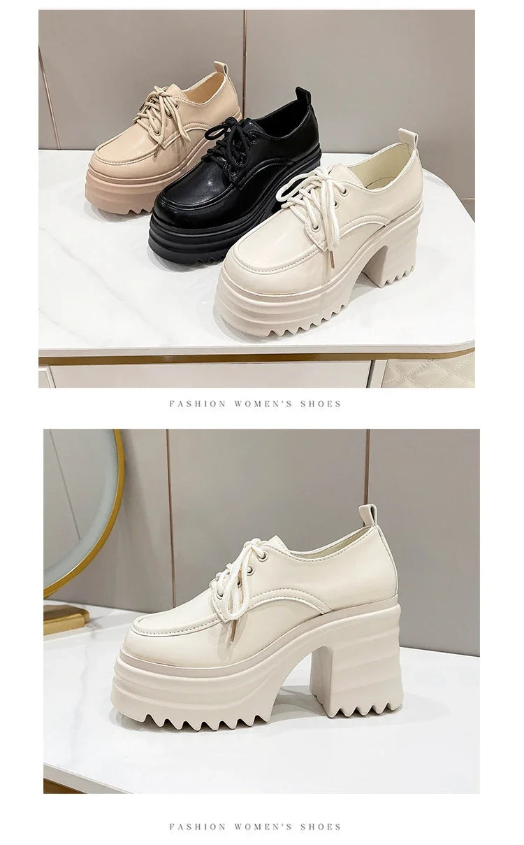 Gothic Chunky High Heels Loafers for Woman New Leather Platform Loafers Female Solid Color Thick Heeled Lolita Shoes 2024