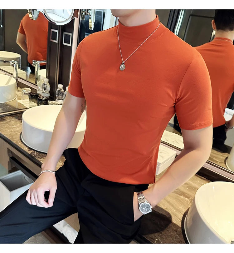Spring Summer Men's Half High Neck Short Sleeve T-shirt Korean Slim Fit Solid Color Bottom Shirt Casual Cotton Elastic T-shirts