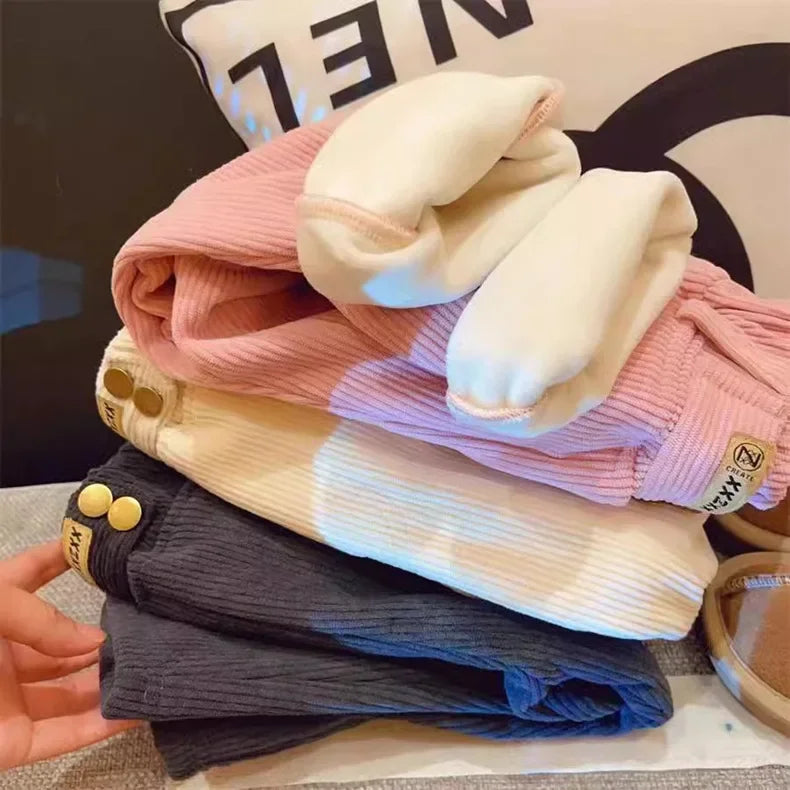 Kids Warm Pants Boy Girls Autumn Winter Corduroy Thick Outer Wear Sports Trousers 1-9Y Children Clothes Casual High Waist Pants