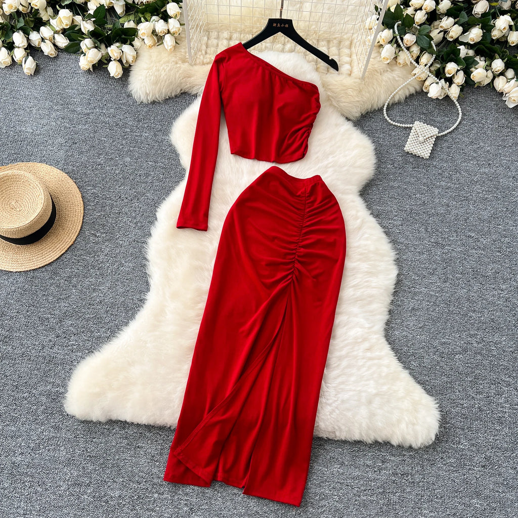 Chic Two-piece Sets One Shoulder Long Sleeve Diagonal Collar Blouse Basics High Waist Split Skirt High Street Vintage Clothing