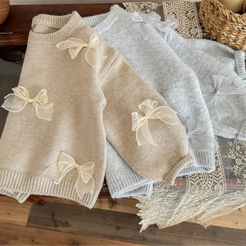 Baby Girl Princess Cotton Knitted Sweater Bow Winter Autumn Spring Infant Toddler Knitwear Dress Outfit Baby Clothes 1-10Y