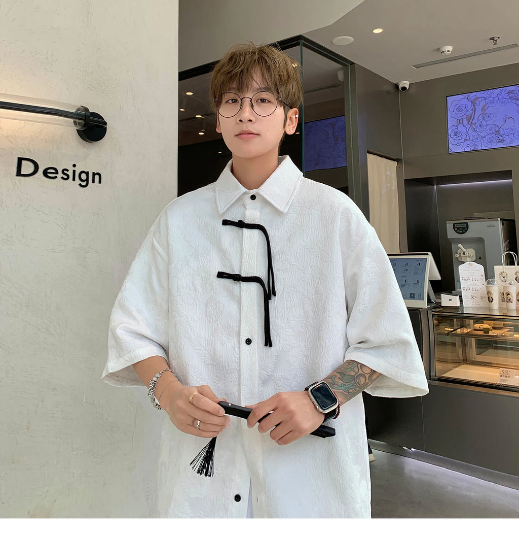 2024 Men Chinese Style Shirt Mens Tang Dress Hanfu Half-Sleeve Shirt Male Printing Kung Fu Outfit Loose Casual Tops