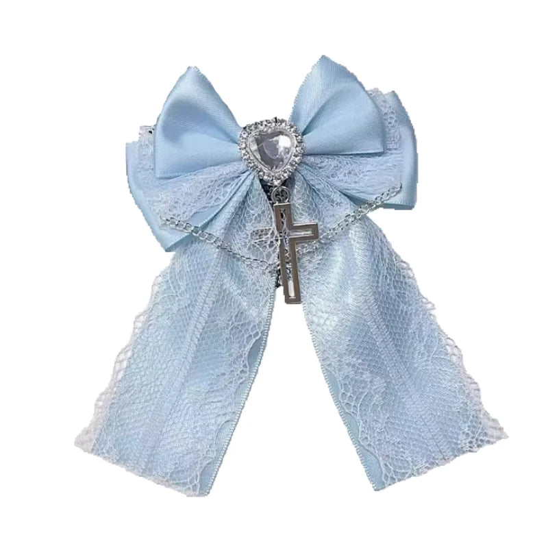Pinzas de lazo bonitas estilo Harajuku Y2K estético Lolita con cadenas cruzadas góticas negras, azules, blancas y dulces de encaje para el pelo para niñas y mujeres