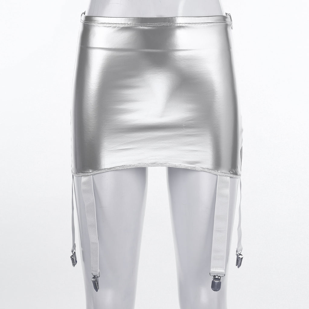 Sexy Damen Wetlook PVC Leder Rüschenröcke Party Low Waist Eingebaute Strings Minirock mit Strumpfhalter Metallclips Set Club