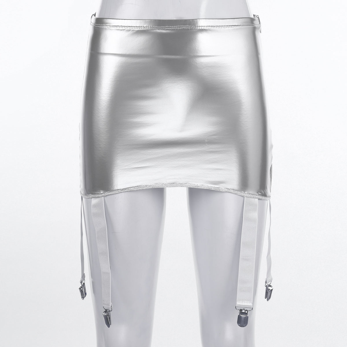 Sexy Damen Wetlook PVC Leder Rüschenröcke Party Low Waist Eingebaute Strings Minirock mit Strumpfhalter Metallclips Set Club