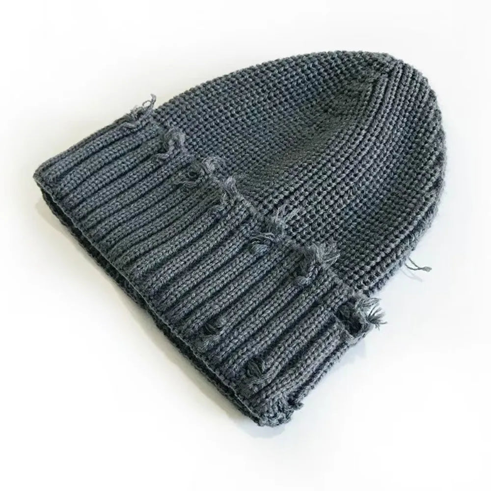 Solid Color Dilapidated Hole Knitted Hat Thickened Ear Protection Warm Cap Beanie Cap Hip-Hop Hat Unisex Pompoms Hat