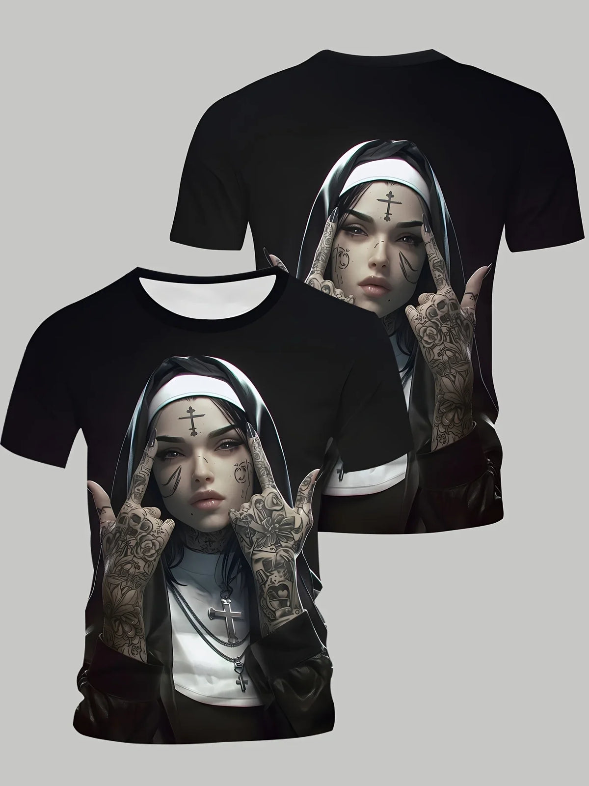 2025 Summer T-shirt Tattoo Nun Men's 3D Pattern T-shirt Casual Round Neck Short Sleeve Gothic Style Comfortable Lightweight Top
