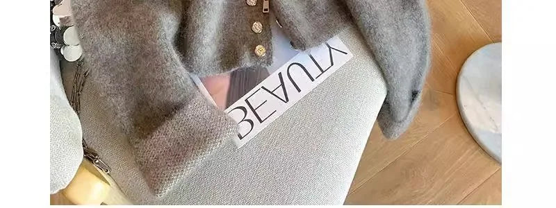 Grey Vintage Sweater Cardigans For Women Autumn New High Collar Double Breasted Knitted Coats Simple Elegant Female Knitwear Top