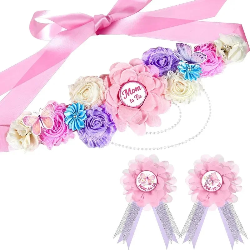Flower Sash Set – Baby Shower Mom to Be, Daddy to Be, Ansteckblume – Blumenband für Umstandskleid, Foto-Requisiten حزام  Пояс Cinturón