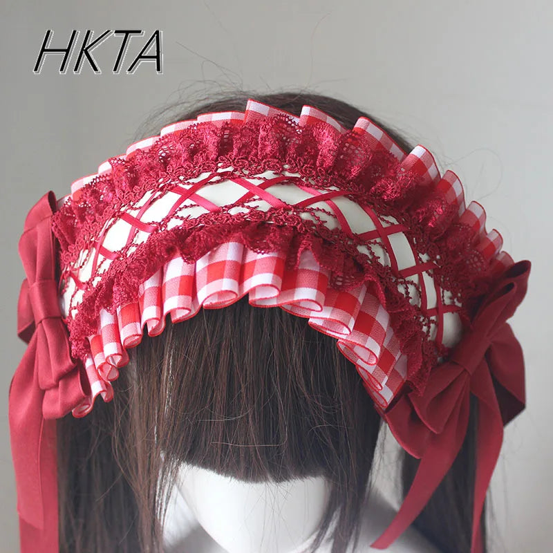 Lolita Sweet Plaid Bow Burgundy Hair Clip Hair Accessories Women Embroidery Lace Stitching Pleated Cake Top Hats Headgear Female