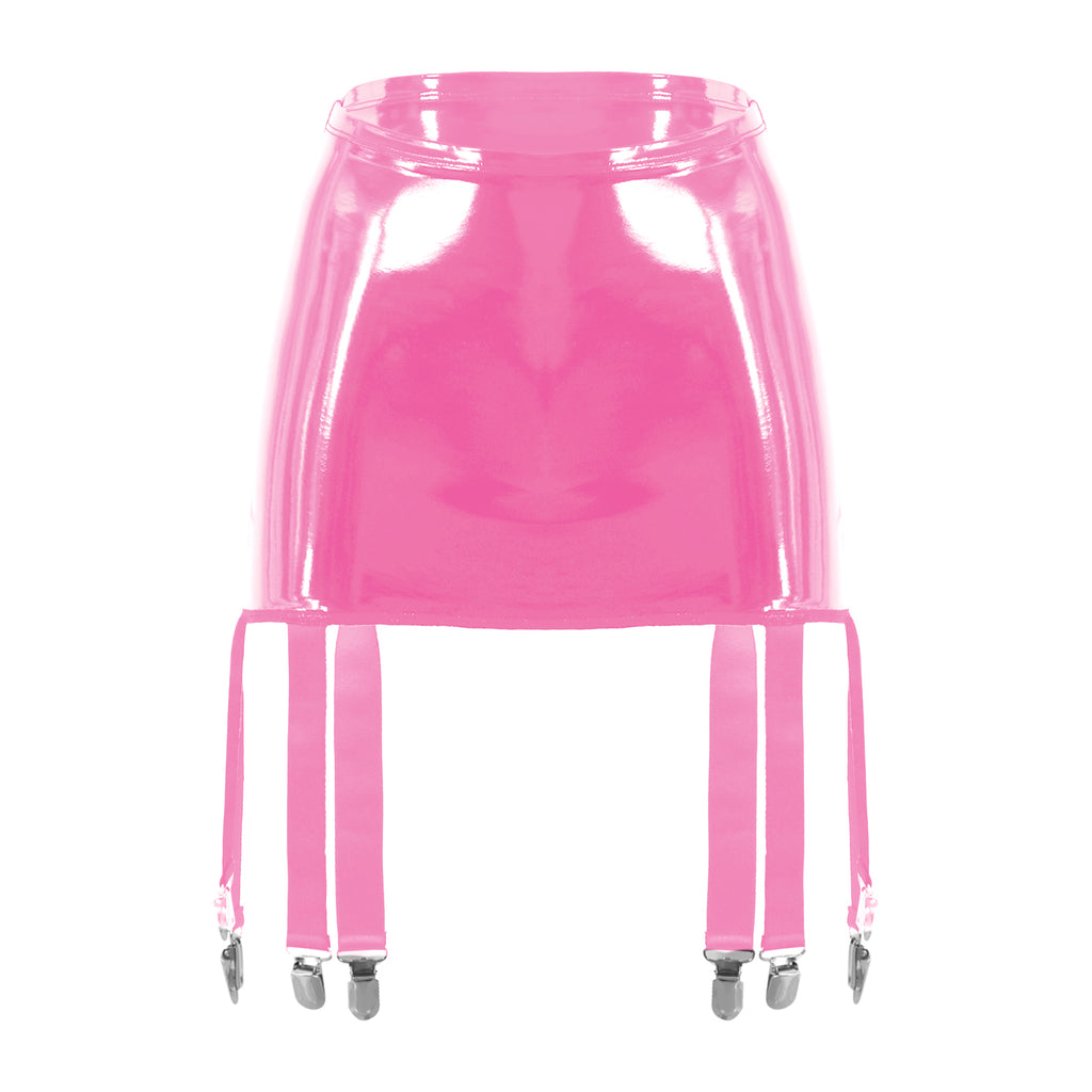 Sexy Damen Wetlook PVC Leder Rüschenröcke Party Low Waist Eingebaute Strings Minirock mit Strumpfhalter Metallclips Set Club