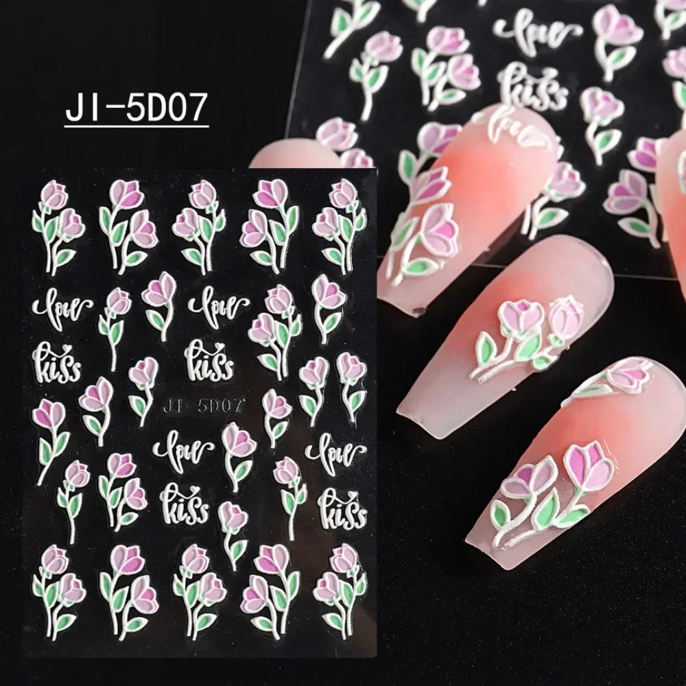 5D Nail Stickers Flowers Geometric Lines Decor Acrylic Embossed Sliders Gold Frame Nail Decals Cherry Blossom Manicure Nail Art