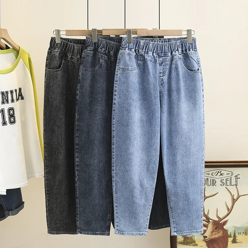 L-6XL Plus Large Size Baggy Jeans Women High Waisted Jeans Woman Mom Jeans Loose Denim Harem Pants Elastic Waist Blue