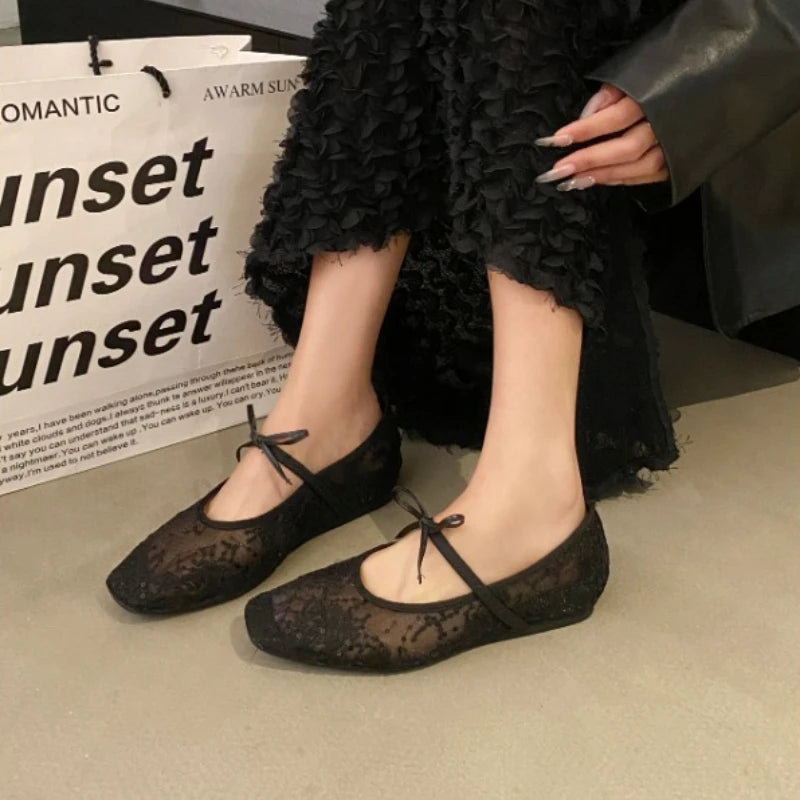 Mesh lace inner heightening women's shoes 2025 summer new sexy square head shallow breathable ballet shoes bow flat shoes