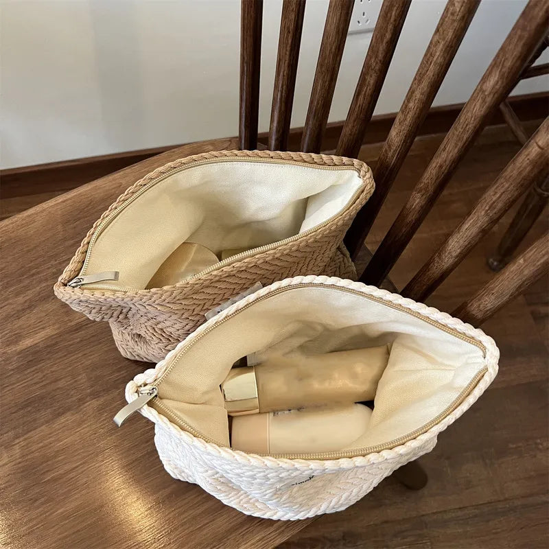 Handwoven Cotton Makeup Bag – Artistic Crochet Cosmetic Pouch with Zipper, Minimalist Clutch for Women