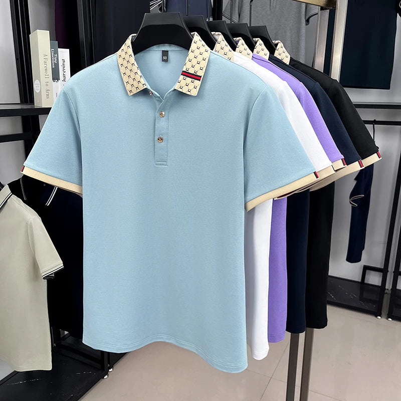 2025 Men's New Luxury High-end Jacquard Collar Lapel T-shirt Breathable Business Casual Top Suitable for Men's Spring and Summer