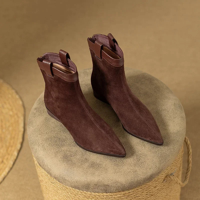 Women's Vintage Chunky Heel Ankle Boots Autumn Winter New Pointy Square Head Suede Back Zipper Soft Sole Non-slip Short Boots