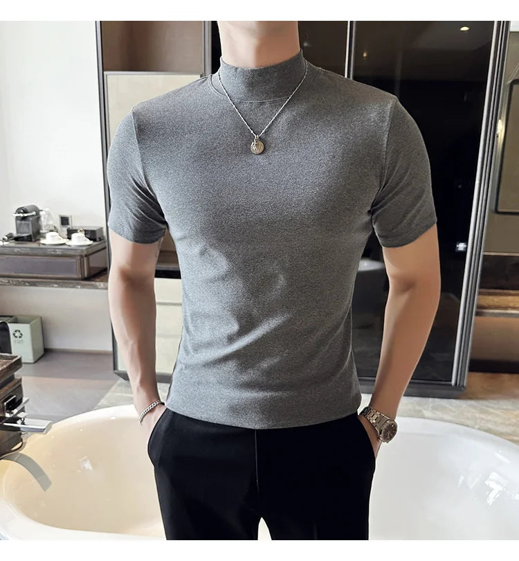 Spring Summer Men's Half High Neck Short Sleeve T-shirt Korean Slim Fit Solid Color Bottom Shirt Casual Cotton Elastic T-shirts