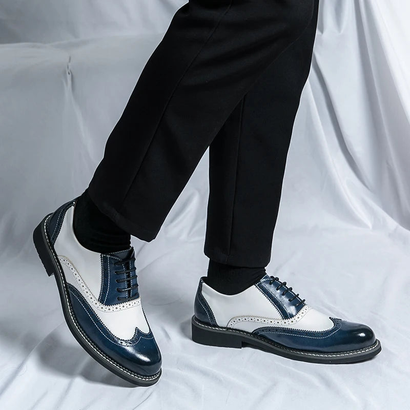 British Men's Trendy Shoes Handmade Sole Brogue Shoes Fashionable Blue Men's Leather Casual Shoes Versatile Free Delivery