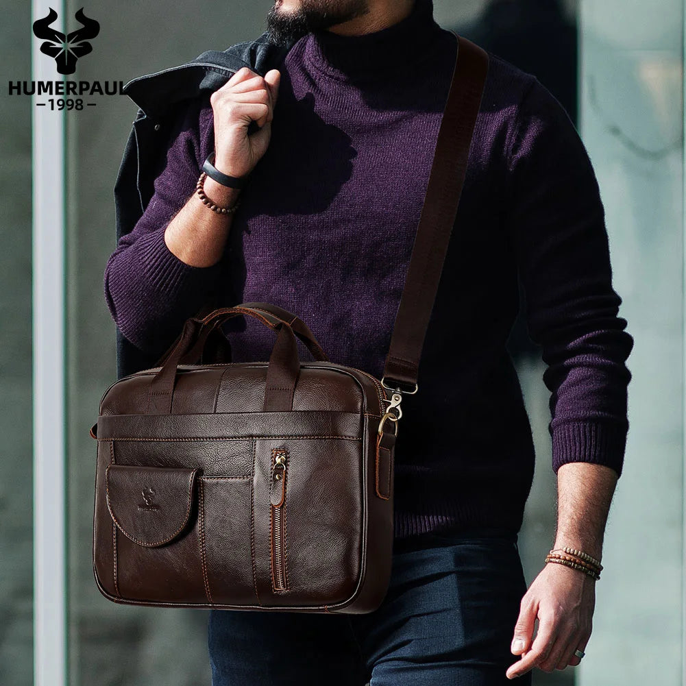 HUMERPAUL Men's Briefcase Bag Top Layer Leather Handcrafted Laptop Bag with Multiple Compartments Business Shoulder Messenger