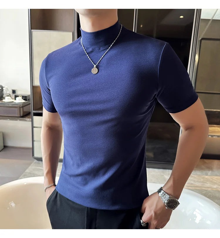 Spring Summer Men's Half High Neck Short Sleeve T-shirt Korean Slim Fit Solid Color Bottom Shirt Casual Cotton Elastic T-shirts