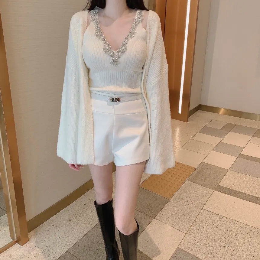 Korean Sle Sexy Sequin Strap Vest Women's Inner Knitted Cardigan Coat Autumn Two-Piece Set Faionable Top And Bot Ensemble