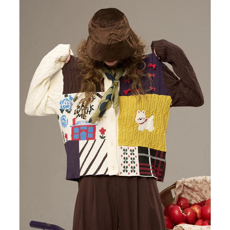 ELFSACK 2025 Autumn New Arrivals Casual Cute Color Block Puppy Cartoon Embroidery Cardigan Sweater For Woman