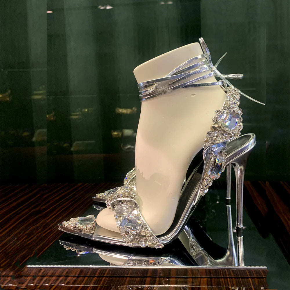 Neue Sandalen Damen High-Heels Strass Hochzeitsschuhe Damen Spitz Zehe Sandaletten Damen High Heels Damensandalen