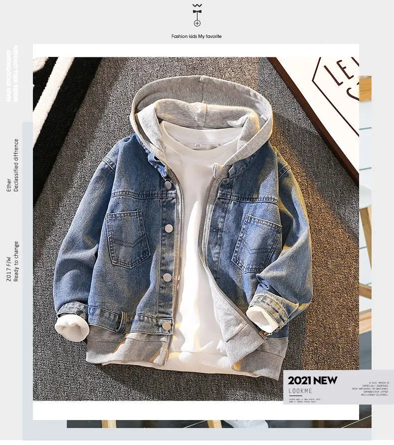 Teenage Boys Denim Jacket Spring and Autumn New Children's hooded casual Korean version jacket