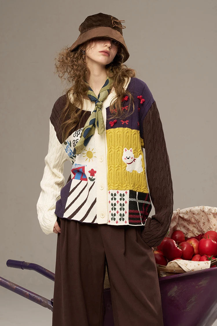 ELFSACK 2025 Autumn New Arrivals Casual Cute Color Block Puppy Cartoon Embroidery Cardigan Sweater For Woman