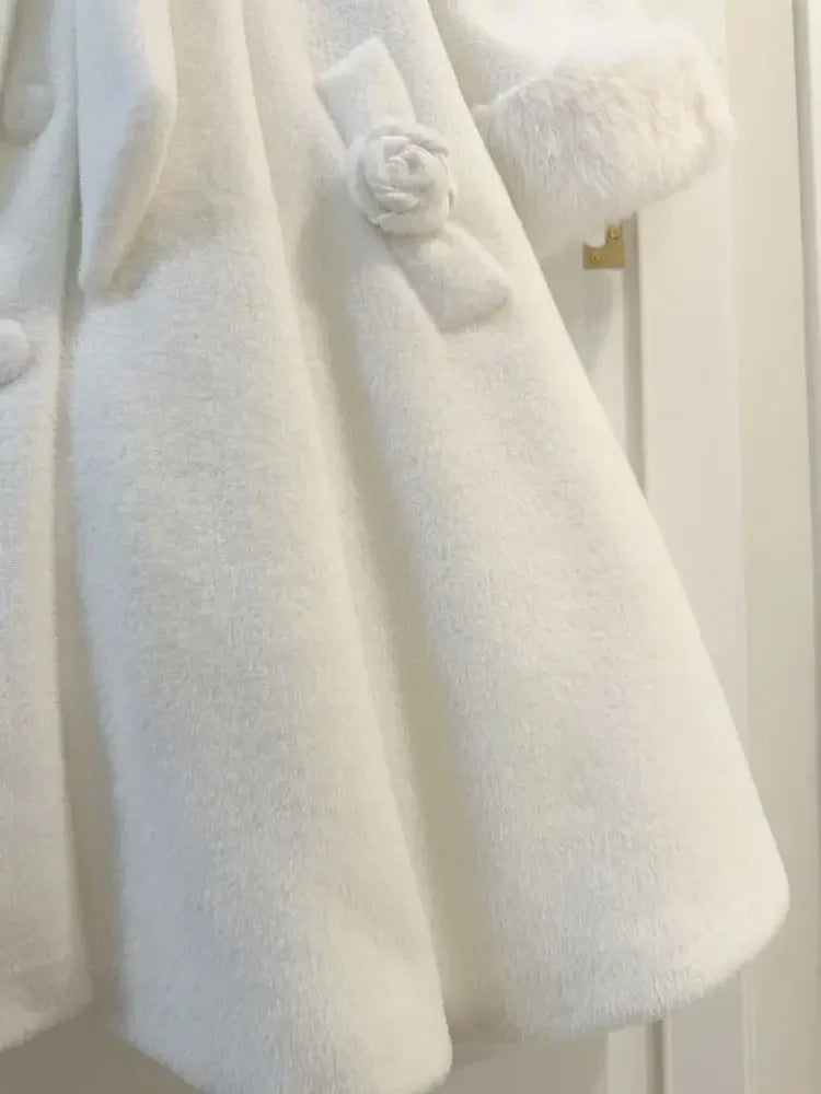 Harajuku Sweet Cute Lolita Coat Women Long Sleeve Mid-length Loose Tops Mujer Furry Lapel Neck Lace Bow White Jackets