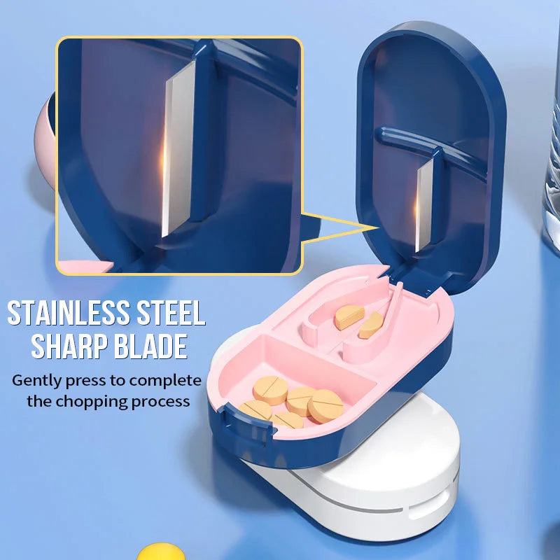 Portable Pill Splitter -2-in-1 Pill Box with Stainless Steel Blade - Suitable for Vitamin Tablets - Cutting Pills 1/2, 1/4 with