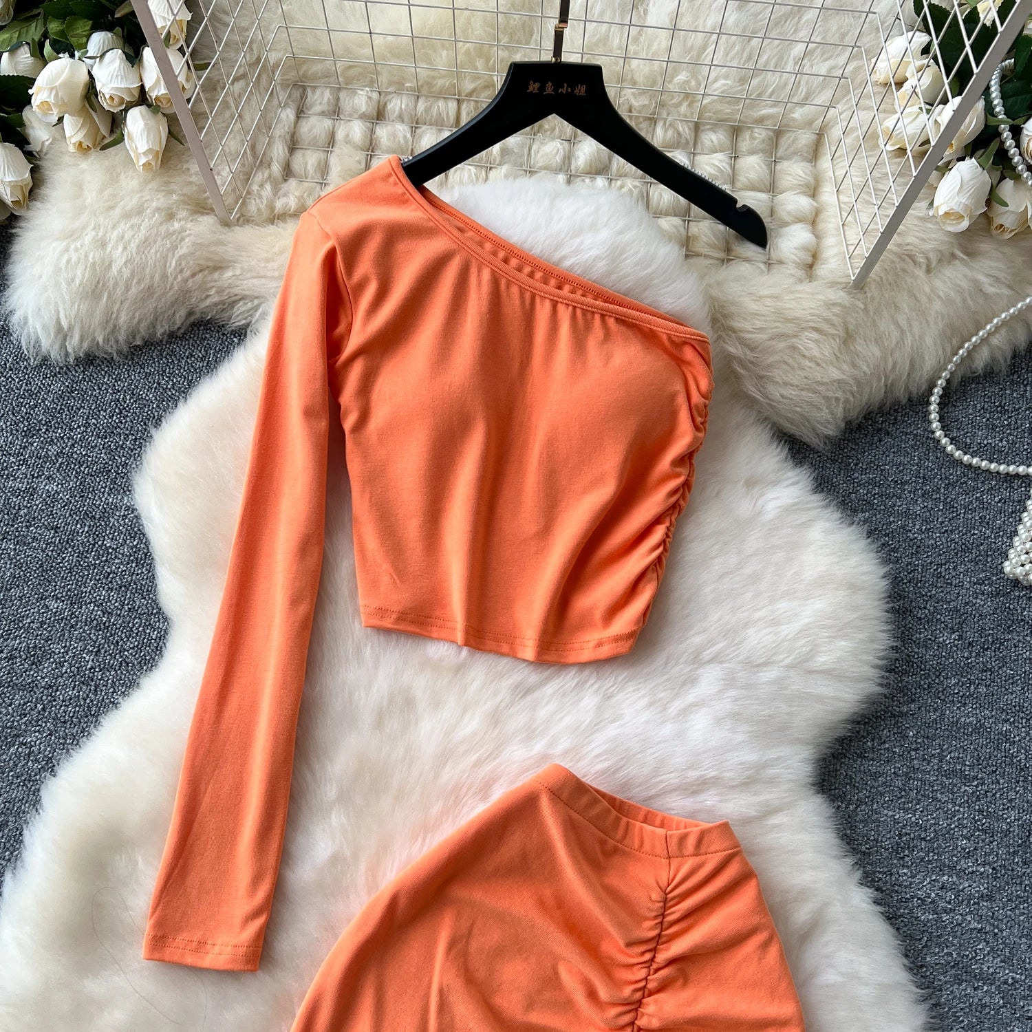 Chic Two-piece Sets One Shoulder Long Sleeve Diagonal Collar Blouse Basics High Waist Split Skirt High Street Vintage Clothing