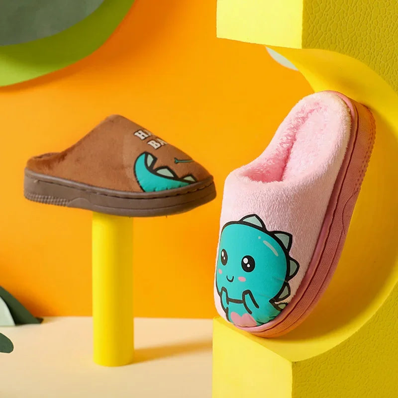 Cartoon Dinosaur Winter Warm Slippers for Kids Boys Girls Non-slip Thickness Soft Soled Slippers for Children Home Plush Shoes