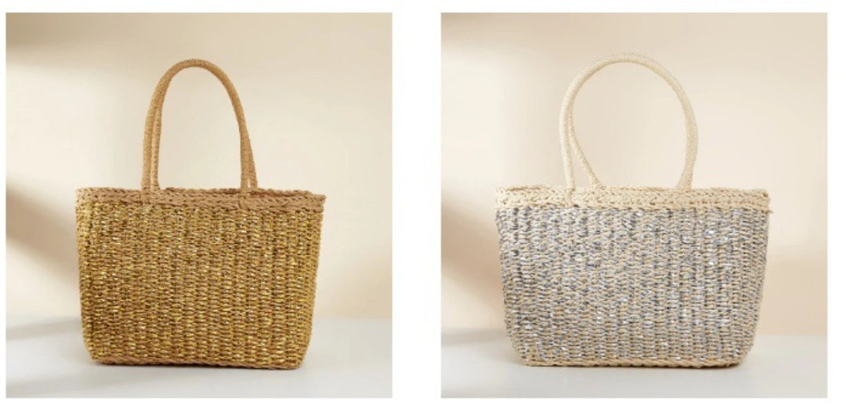 Vine woven paper grass tote basket French retro square paper rope woven bag picnic blue large capacity casual diagonal