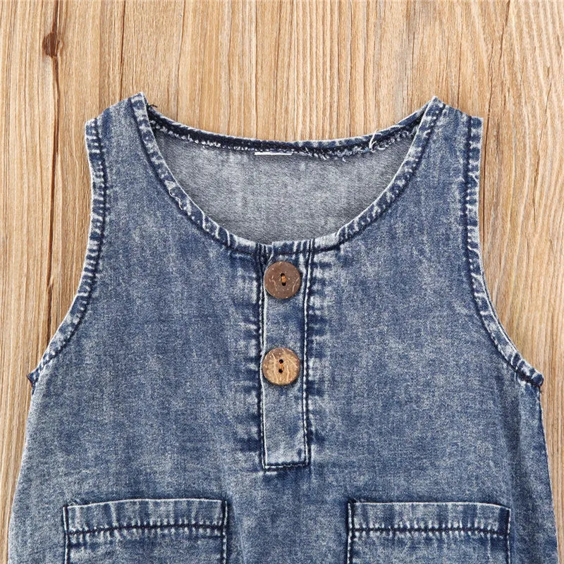 0-24months Toddler Summer Playsuits Baby Denim Blue O-Neck Sleeveless Button Open Denim Bodysuit For Infant Boys And Girls