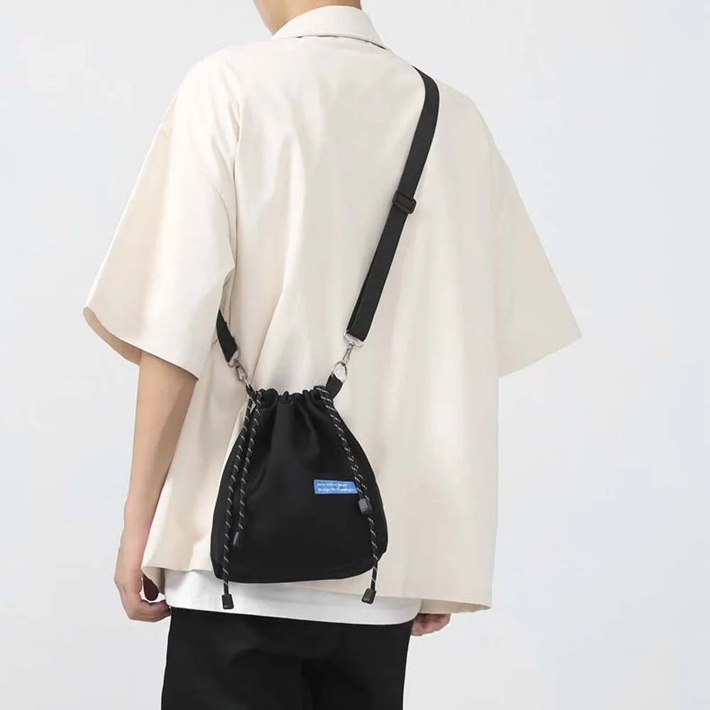 INS Nylon Drawstring Bucket Bag Casual Adjustable Korean Style Shoulder Bag Portable Black/White/Yellow Men Crossbody Bag Travel