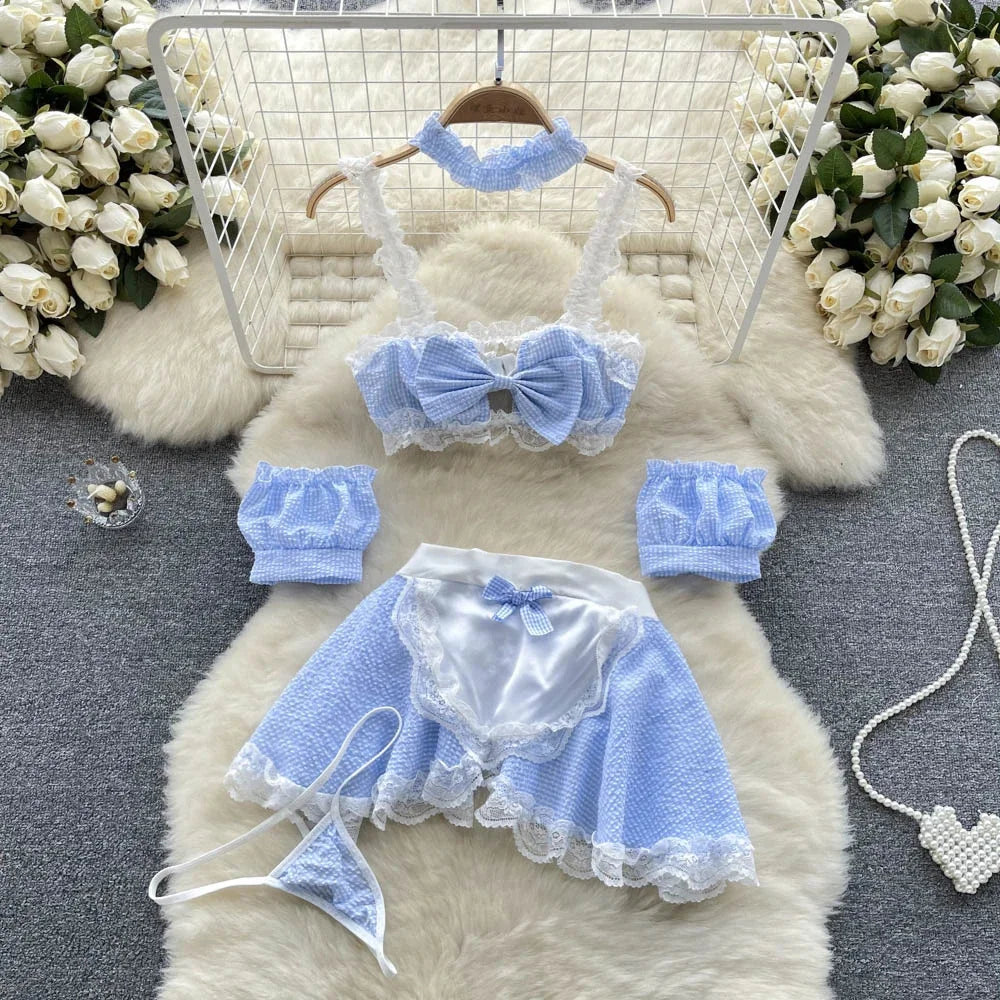 Sexy Cute Sweet Lace Backless Jumpsuit Women Slim Fit Bodysuit Girl Strap Bow knot Cosplay Hot Sweet Bow Ribbon Lingerie Dress
