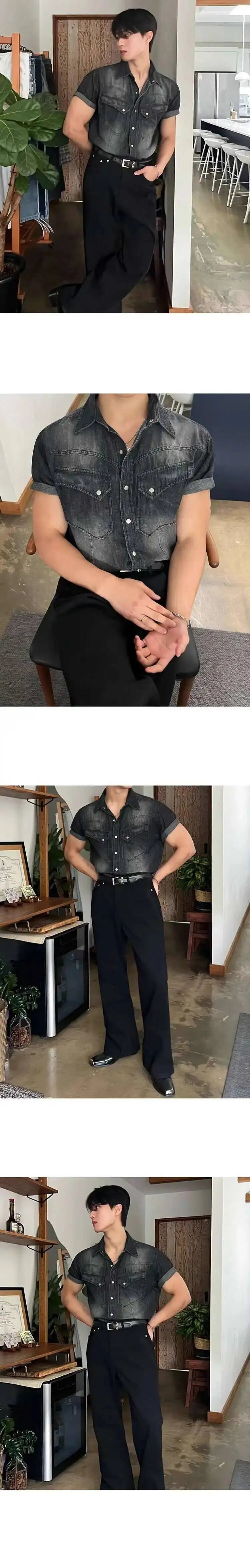 IEFB Niche Design Men's Denim Shirts Turn-down Collar Single Breasted Washing Solid Color Short Sleeved Loose Male Tops 9W2513