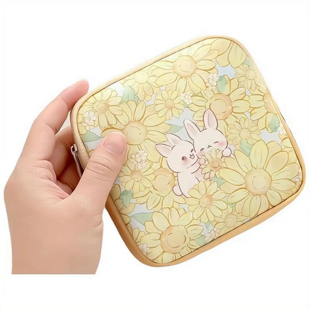 Cute Rabbit Floral Storage Bag, Mini Sanitary Napkin Organizer,Portable Cosmetic Pouch for Women,Data Cables Coin Purse Bag