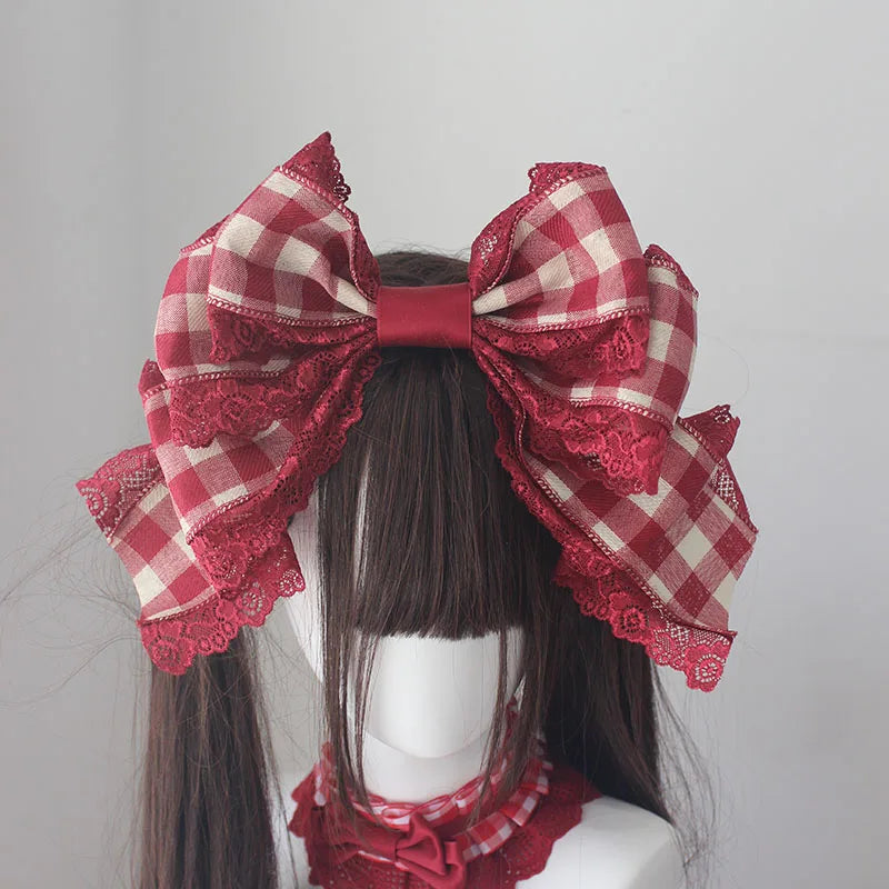 Lolita Sweet Plaid Bow Burgundy Hair Clip Hair Accessories Women Embroidery Lace Stitching Pleated Cake Top Hats Headgear Female