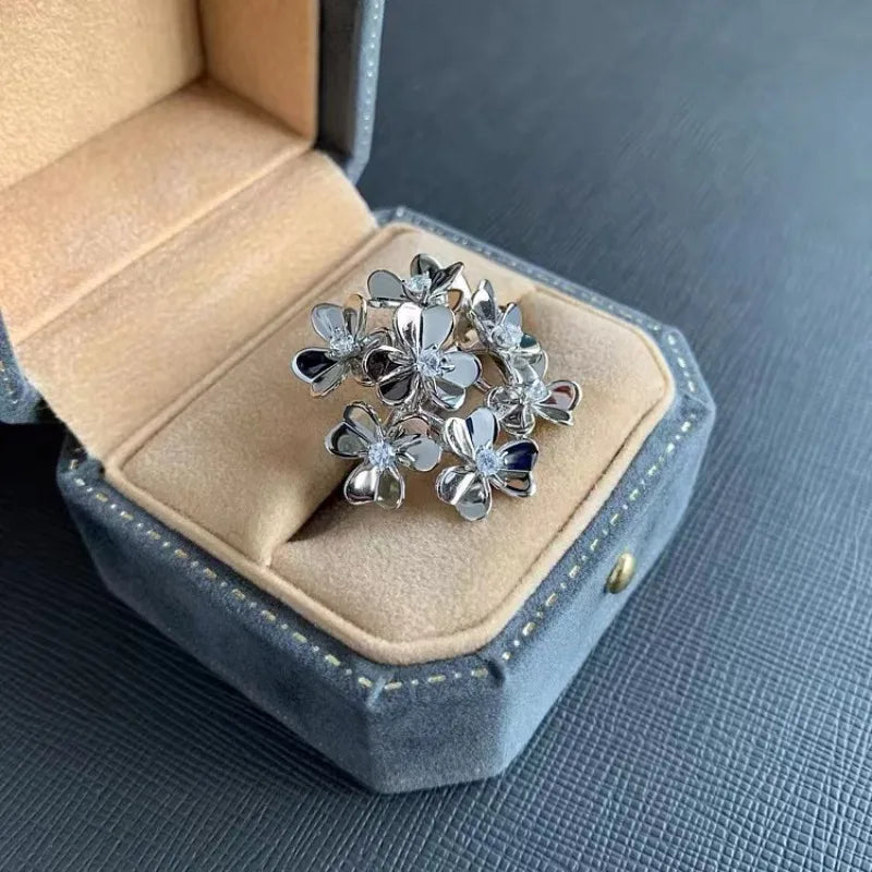Fashion luster diamonds inlaid floral petal rings for women light luxury fashion flower ring couple high-end jewelry gift