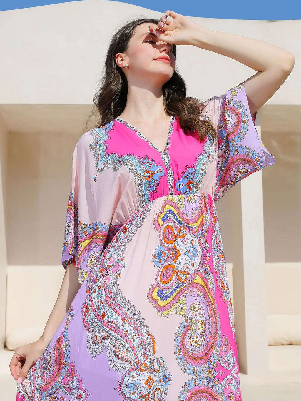 Bohemian Oversize Loose Elastic Waist Maxi Dresses Women Robe Cotton Rayon Floral Printed Long Dress Summer Boho Beach Cover up
