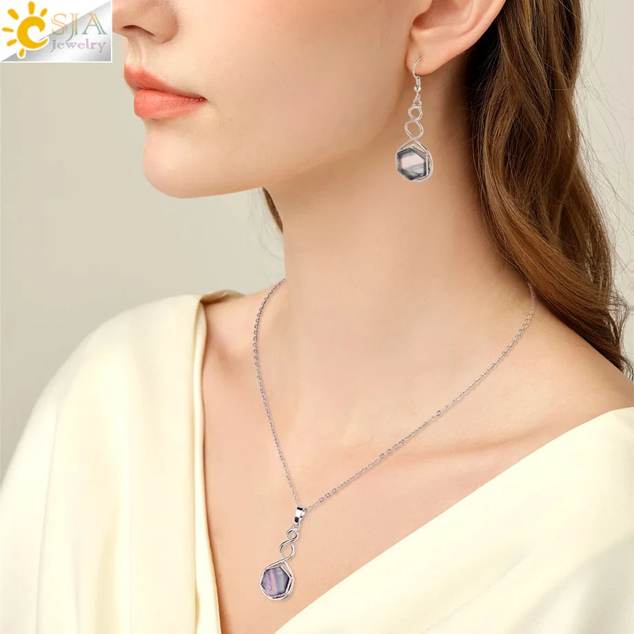 CSJA Natural Stone Earring Necklace Jewelry Set for Women Hexagon Crystal Pendant Stainless Steel Chain Jewelry Accessories H577