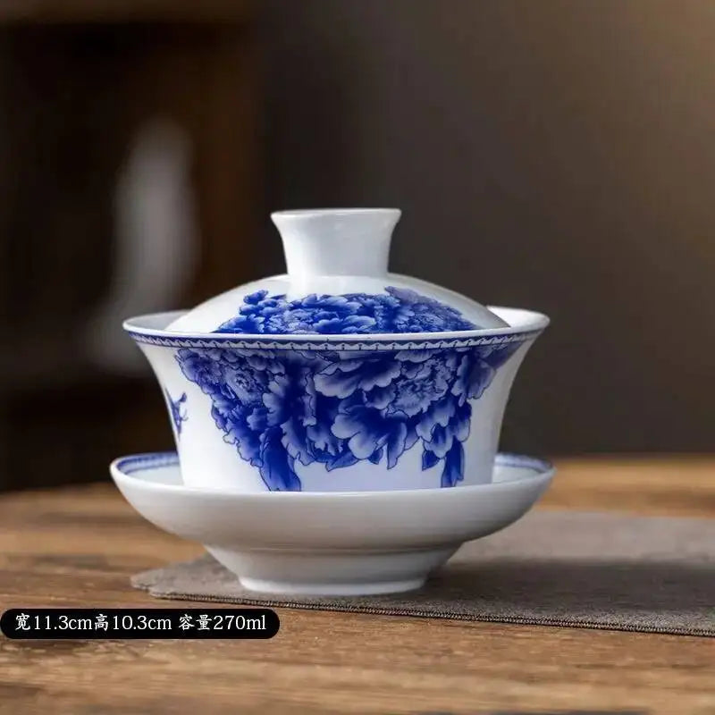 Blue and White Porcelain Gaiwan Tea Cup Large White Porcelain Ningxia Eight Treasures Tea Bowl Set Three Talents Tea Bowl Tea