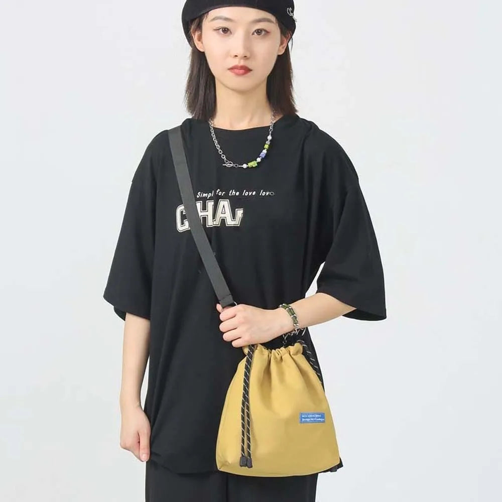 INS Nylon Drawstring Bucket Bag Casual Adjustable Korean Style Shoulder Bag Portable Black/White/Yellow Men Crossbody Bag Travel