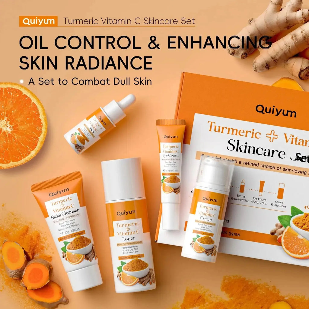 Vitamin C Kurkuma Gesichts-Set feuchtigkeitsspendend, straffend, 5-teiliges Set: Gesichtsreiniger, Toner, Essenz, Augenbehandlung, Feuchtigkeitspflege, Hautpflege
